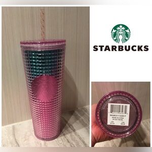 🆕STARBUCKS - NWT - PINK / TEAL BLUE OMBRE SQUARE GRID 24OZ COLD CUP TUMBLER